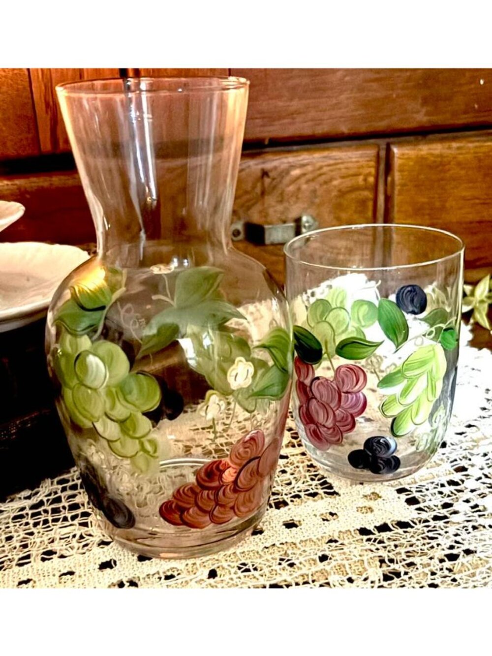 Vintage Hand Painted Tumble Up Set, Bedside Water Carafe with Glass Lid, Cottage - Picture 4 of 10